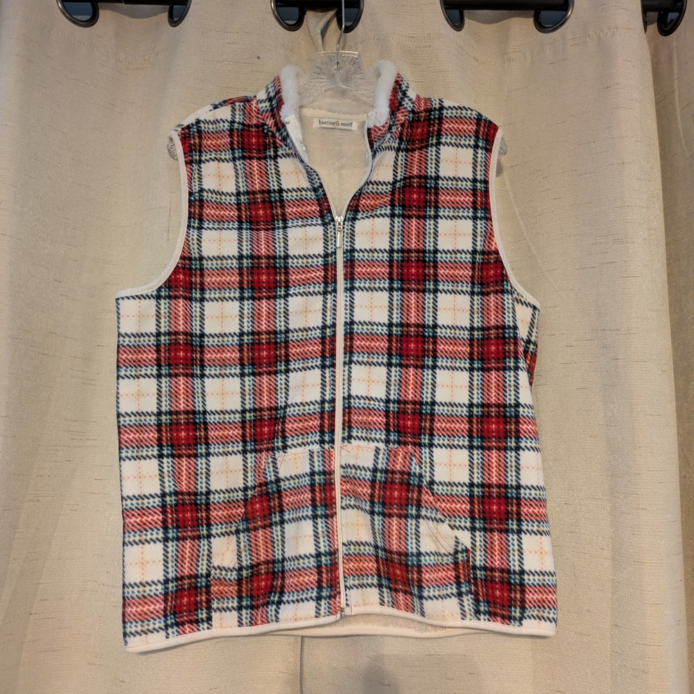 Plaid Fleece Vest with Red and White Checkered Design